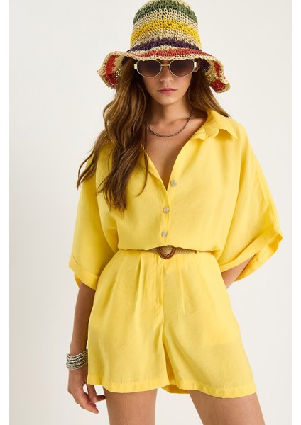 Kadın Yarasa Kol Oversize Gömlek Hasır Kemerli Şort Modal Takım