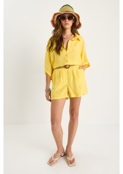 Kadın Yarasa Kol Oversize Gömlek Hasır Kemerli Şort Modal Takım fiyatları