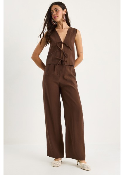 Kadın Bağlamalı Yelek Yüksek Bel Bol Pantolonlu Modal Alt-Üst Takım