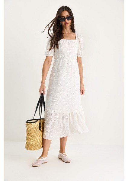 Kadın Kare Yaka Beli Lastikli Karpuz Kollu Astarlı Örme Brode Elbise - fiyatları