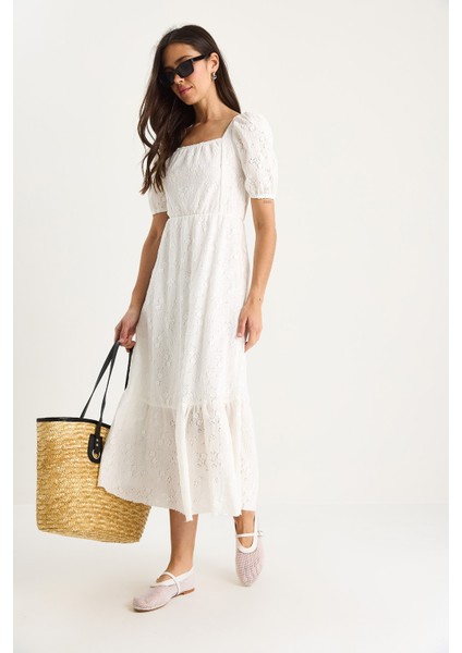 Kadın Kare Yaka Beli Lastikli Karpuz Kollu Astarlı Örme Brode Elbise - fırsatları