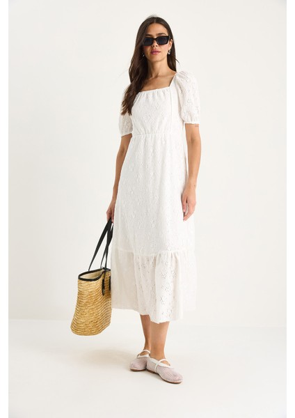 Kadın Kare Yaka Beli Lastikli Karpuz Kollu Astarlı Örme Brode Elbise - indirimleri