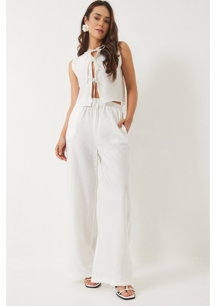 Kadın Bağlama Detaylı Yelekli Yüksek Bel Pantolonlu Yazlık Alt-Üst Takım