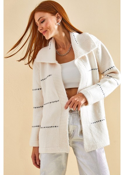 Kadın Çizgili Kalın Triko Hırka