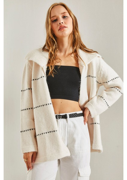 Kadın Çizgili Kalın Triko Hırka modelleri