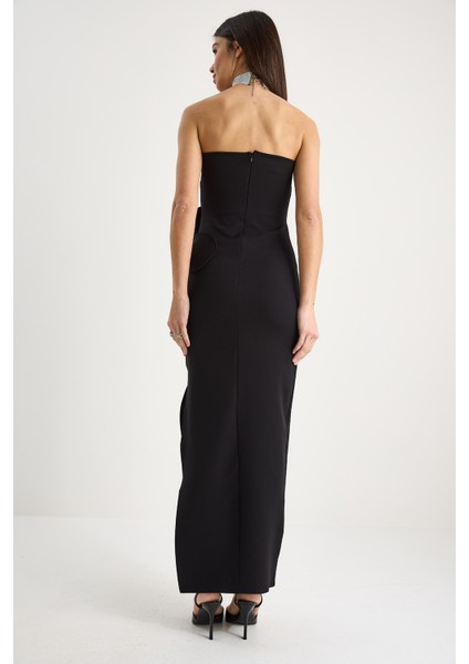 Kadın Çiçek Aksesuarlı Yırtmaç Detaylı Straplez Maxi Elbise