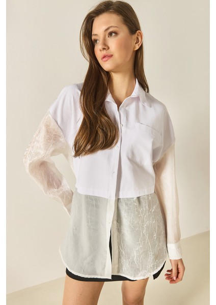 Kadın Organze Tül Detaylı Oversize Gömlek