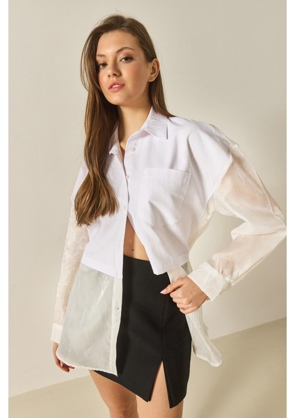 Kadın Organze Tül Detaylı Oversize Gömlek modelleri