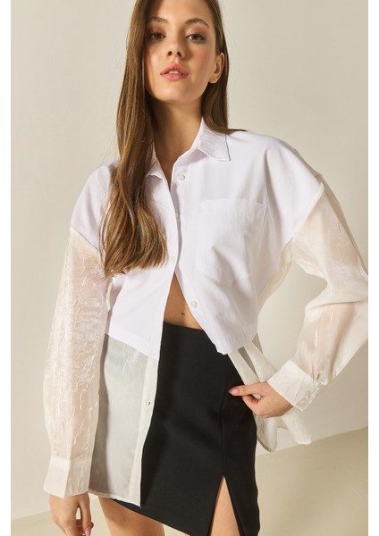 Kadın Organze Tül Detaylı Oversize Gömlek indirimleri