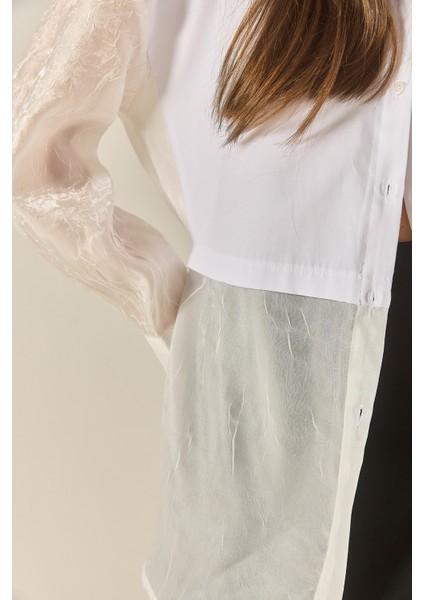 Kadın Organze Tül Detaylı Oversize Gömlek