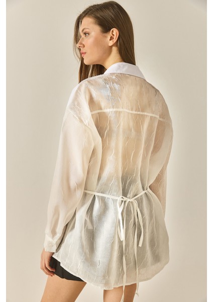 Kadın Organze Tül Detaylı Oversize Gömlek