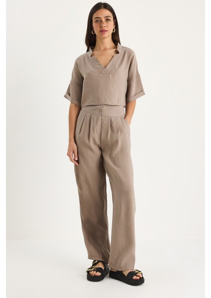 Kadın V Yaka Bluz Yüksek Bel Pantolonlu Modal Alt-Üst Takım