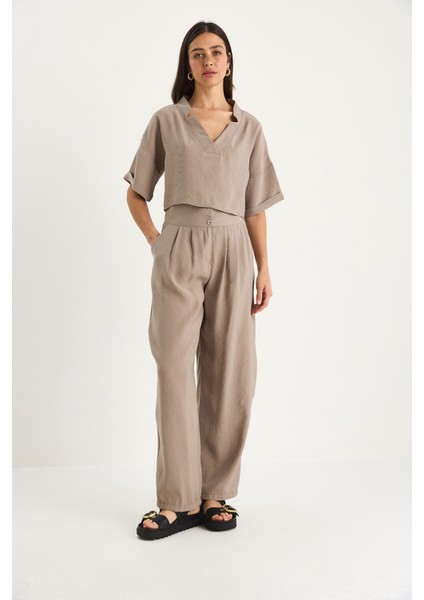 Kadın V Yaka Bluz Yüksek Bel Pantolonlu Modal Alt-Üst Takım fiyatları