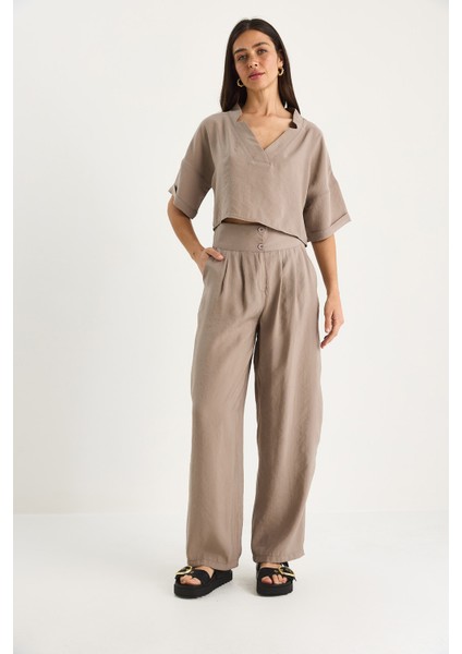 Kadın V Yaka Bluz Yüksek Bel Pantolonlu Modal Alt-Üst Takım modelleri