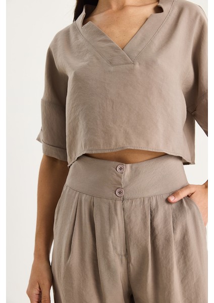 Kadın V Yaka Bluz Yüksek Bel Pantolonlu Modal Alt-Üst Takım fırsatları