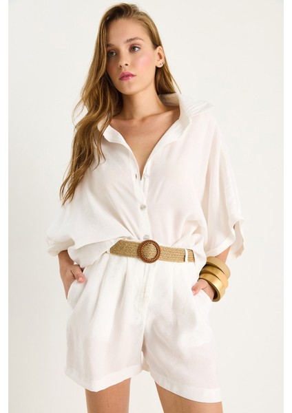 Kadın Yarasa Kol Oversize Gömlek Hasır Kemerli Şort Modal Takım