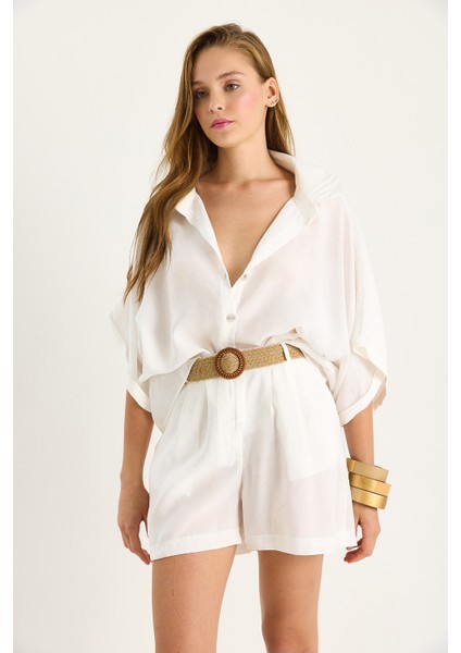 Kadın Yarasa Kol Oversize Gömlek Hasır Kemerli Şort Modal Takım modelleri