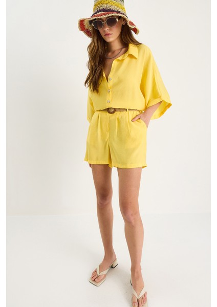 Kadın Yarasa Kol Oversize Gömlek Hasır Kemerli Şort Modal Takım modelleri