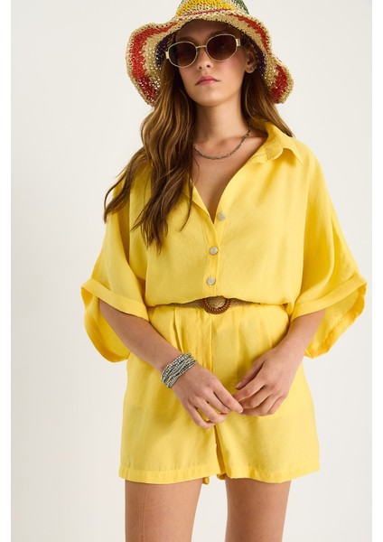 Kadın Yarasa Kol Oversize Gömlek Hasır Kemerli Şort Modal Takım fırsatları