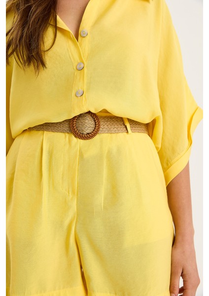 Kadın Yarasa Kol Oversize Gömlek Hasır Kemerli Şort Modal Takım indirimleri