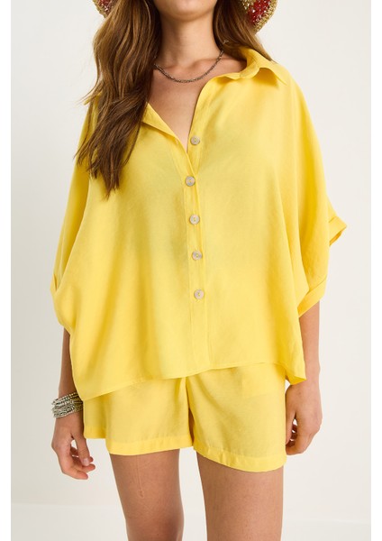 Kadın Yarasa Kol Oversize Gömlek Hasır Kemerli Şort Modal Takım