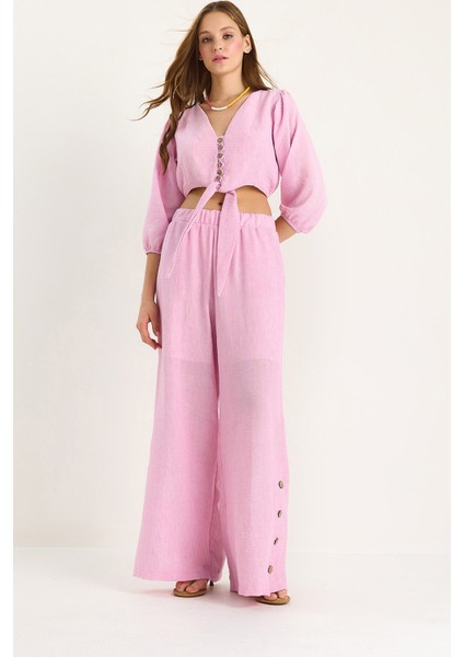 Kadın Bağlama Detaylı Bluz Astarlı Paçası Düğmeli Pantolonlu Astarlı Alt-Üst Takım fiyatları