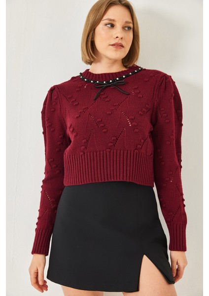 Kadın Yakası Boncuklu Fiyonklu Triko Kazak fiyatları