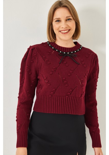 Kadın Yakası Boncuklu Fiyonklu Triko Kazak modelleri