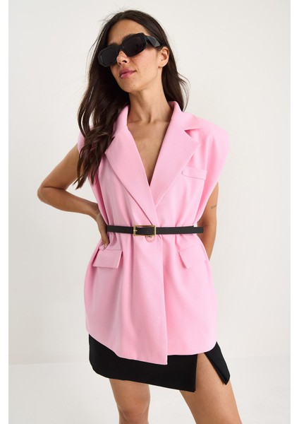 Kadın Cep Detaylı Kemerli Vatkalı Oversize Astarlı Blazer Yelek fiyatları