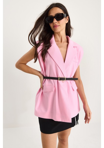 Kadın Cep Detaylı Kemerli Vatkalı Oversize Astarlı Blazer Yelek modelleri