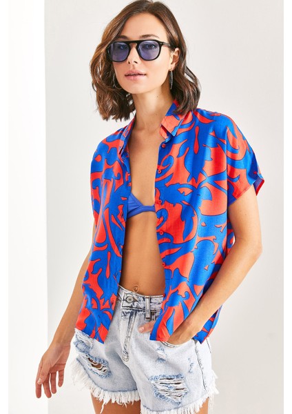 Kadın Yarasa Kol Multi Desenli Viskon Gömlek