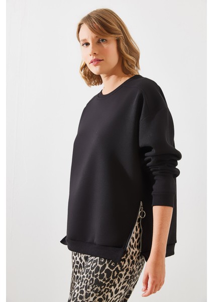 Kadın Bisiklet Yaka Şardonlu Fermuar Detaylı Basic Sweatshirt