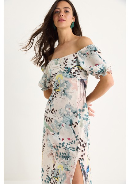 Kadın Çiçek Desenli Carmen Yaka Yırtmaç Detaylı Keten Yazlık Elbise