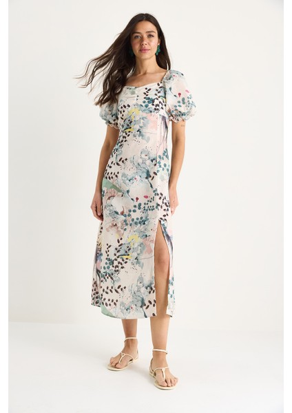 Kadın Çiçek Desenli Carmen Yaka Yırtmaç Detaylı Keten Yazlık Elbise fiyatları