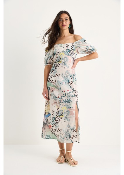 Kadın Çiçek Desenli Carmen Yaka Yırtmaç Detaylı Keten Yazlık Elbise modelleri