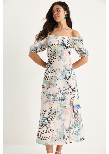 Kadın Çiçek Desenli Carmen Yaka Yırtmaç Detaylı Keten Yazlık Elbise fırsatları