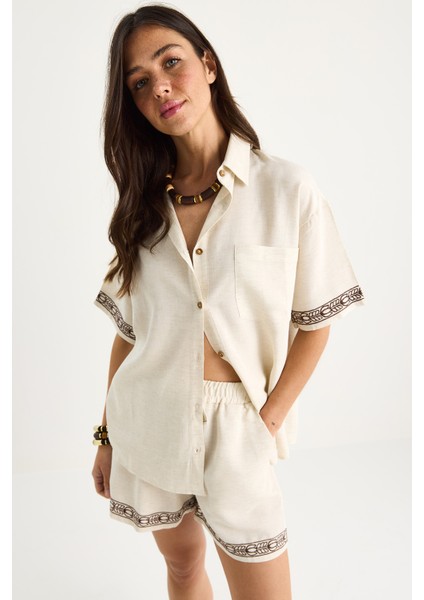 Kadın Nakış Detaylı Cepli Keten Şort Gömlek Alt-Üst Takım G- fiyatları