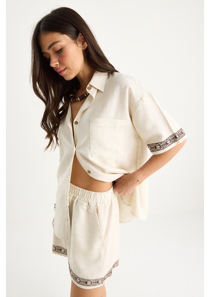 Kadın Nakış Detaylı Cepli Keten Şort Gömlek Alt-Üst Takım G- modelleri