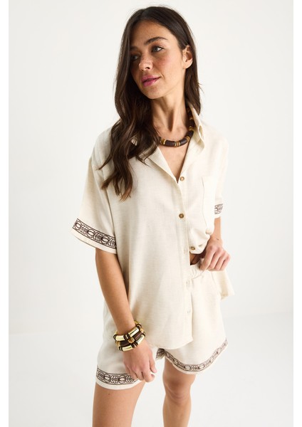 Kadın Nakış Detaylı Cepli Keten Şort Gömlek Alt-Üst Takım G- fırsatları