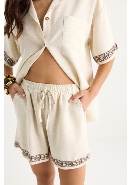 Kadın Nakış Detaylı Cepli Keten Şort Gömlek Alt-Üst Takım G- indirimleri