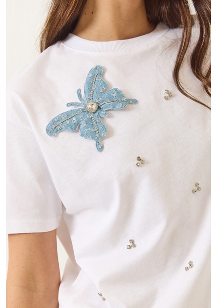 Kadın Kelebek Aksesuarlı Taş Işlemeli Kısa Kollu T-Shirt modelleri
