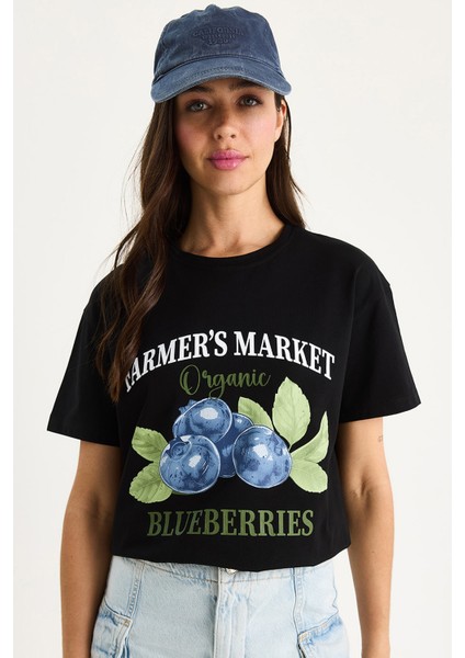 Kadın Blueberries Baskılı Bisiklet Yaka % Pamuklu T-Shirt