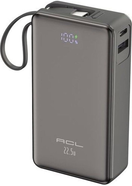 10000MAH 22.5W Süper Hızlı Şarj Powerbank - LCD Ekranlı, Type-C Dahili Kablo, 3 Cihaz Şarj Dest
