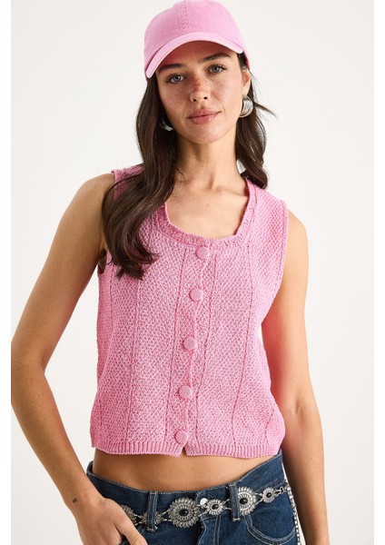 Kadın Kare Yaka Düğmeli Triko Yelek Ty