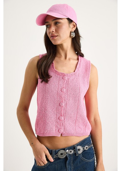 Kadın Kare Yaka Düğmeli Triko Yelek Ty modelleri