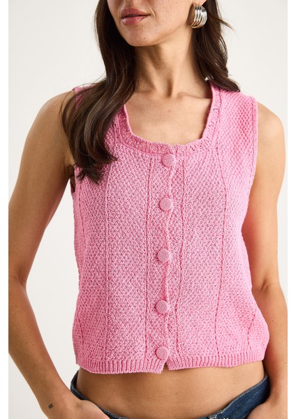 Kadın Kare Yaka Düğmeli Triko Yelek Ty