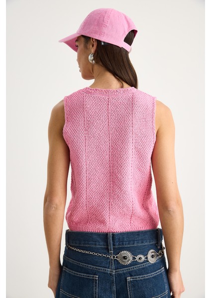 Kadın Kare Yaka Düğmeli Triko Yelek Ty