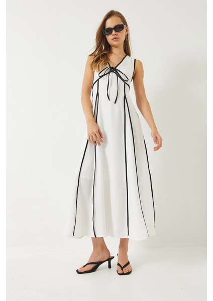 Kadın V Yaka Biye Detaylı Bağlamalı Astarlı Uzun Keten Elbise fiyatları