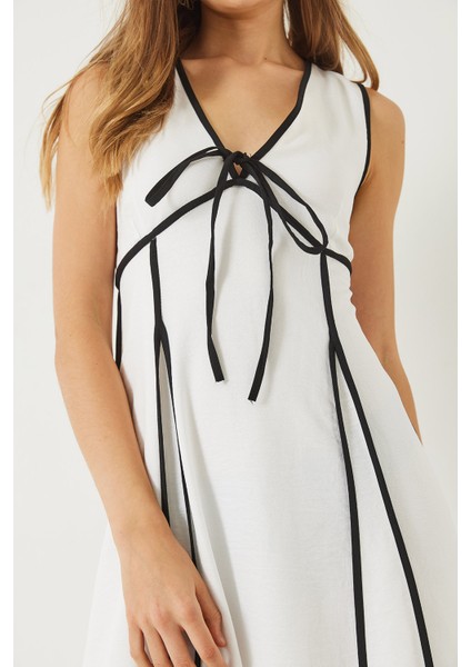 Kadın V Yaka Biye Detaylı Bağlamalı Astarlı Uzun Keten Elbise modelleri