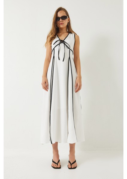 Kadın V Yaka Biye Detaylı Bağlamalı Astarlı Uzun Keten Elbise fırsatları